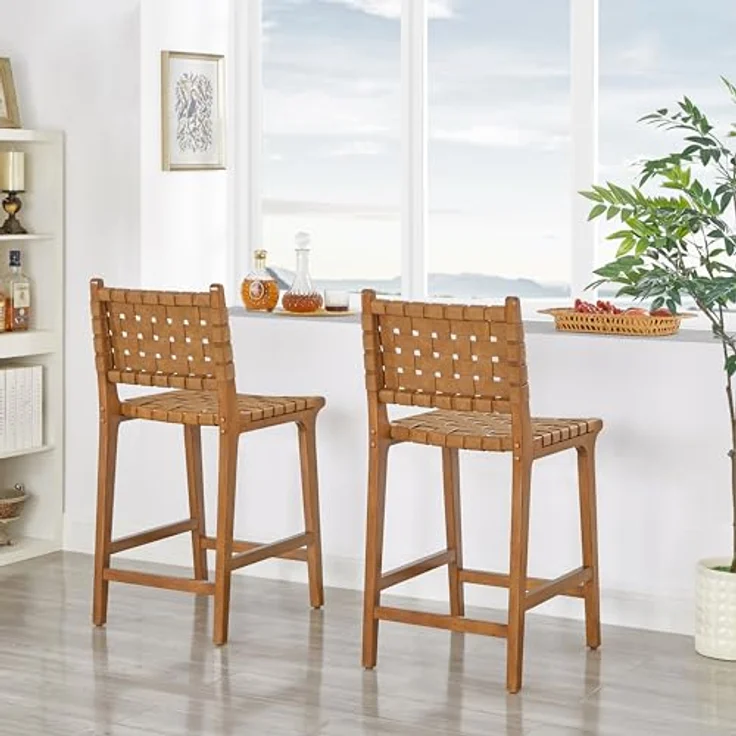 Ball & Cast PU Leder gewebt Counter Hocker, Holzrahmen Küche Insel Barhocker mit Fußstütze, Rückenlehne Geflecht Hocker-Stuhl für das Esszimmer, Braun – Bild 6