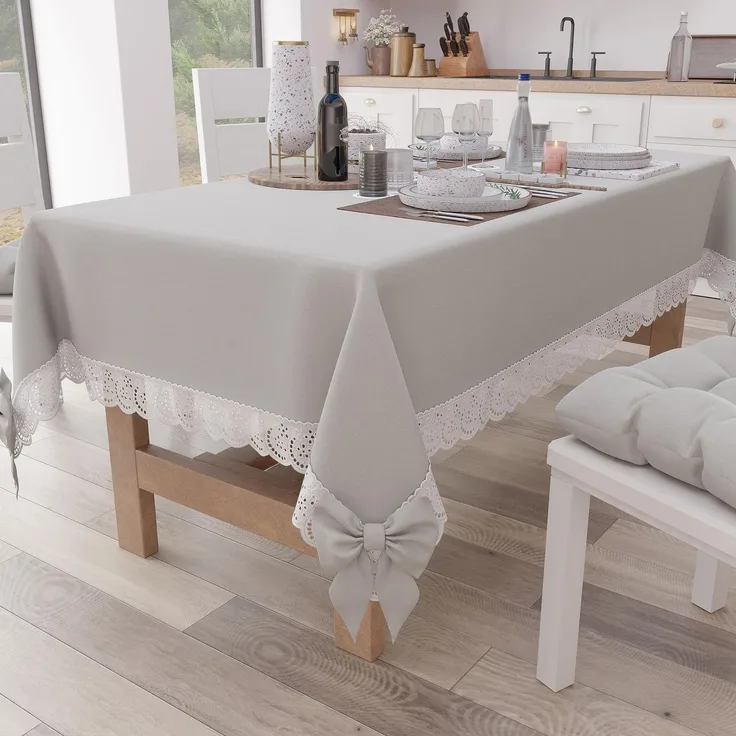 PETTI Artigiani Italiani - Tischdecke, Tischdecke, Küchentischdecke, rechteckige Tischdecke mit Sangalla-Spitze und Schleifen, einfarbige Tischdecke aus Baumwolle, X12-Sitzer (140x240 cm) Hellgrau