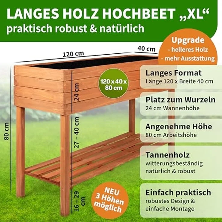 TTL GARDEN Balkon Hochbeet XL 120 x 40 x 80 cm aus Holz - Pflanzkasten & Blumenkasten mit Ablageboden & Folie - Tannenholz wetterfest - Pflanzbeet Kräuterbeet Blumenbeet für Garten Balkon Terrasse Braun – Bild 2