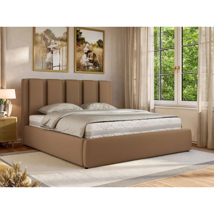 Polsterbett SAVINO CLASSIC mit Bettkasten und Lattenrost Doppelbett 200 x 200 cm mit hohem Kopfteil Stauraumbett Bett mit Gasdruckfeder - Braun Kunstleder - Foam Matratze - MIRO LUX – Bild 1