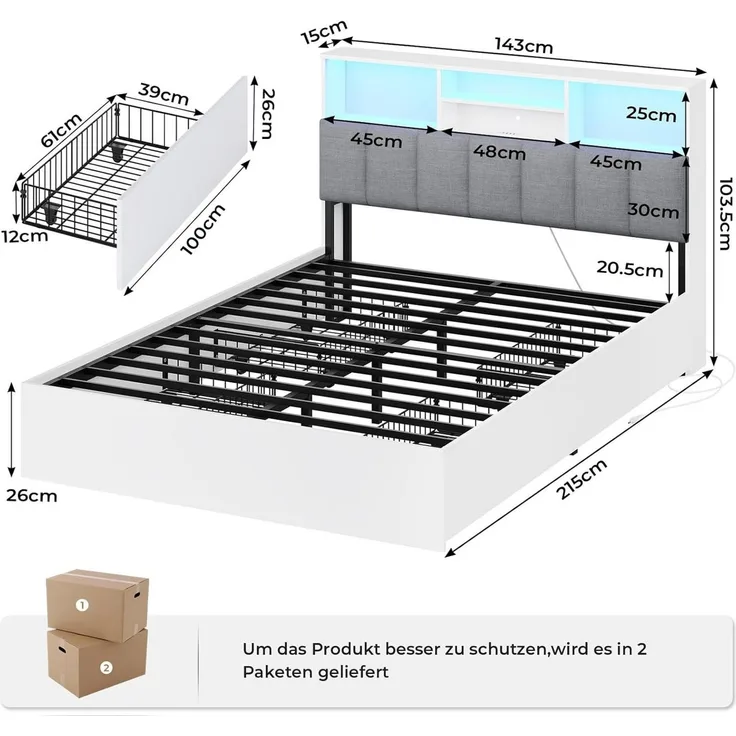 MSMASK Polsterbett Jugendbett, 140×200 cm mit Ladestation und LED-Beleuchtung (Ohne Matratze), Doppelbett mit 4 Schubladen