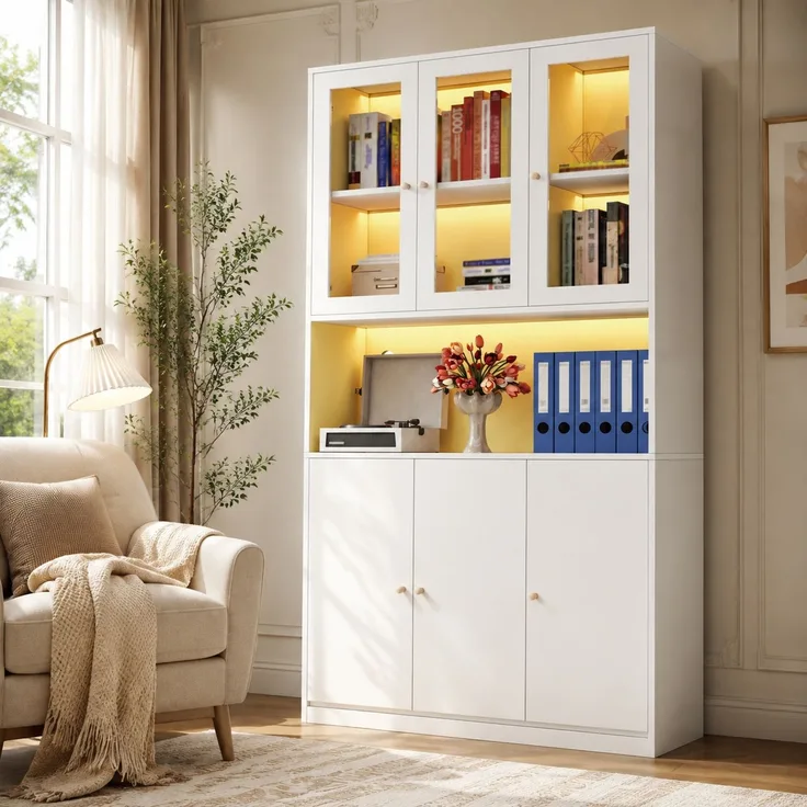 Bücherschrank 100 x 35 x 200 cm aus MDF mit Glasvitrine, LED-Beleuchtung und 3 Türen