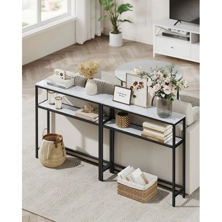 Vasagle Konsolentisch, schmaler Sofatisch mit 2 Ablagen, 20 x 80 x 80 cm, Flurtisch, 2 Ebenen, für Flur, Wohnzimmer, Schlafzimmer, marmorweiß-tintenschwarz LNTDE130W59 – Bild 3