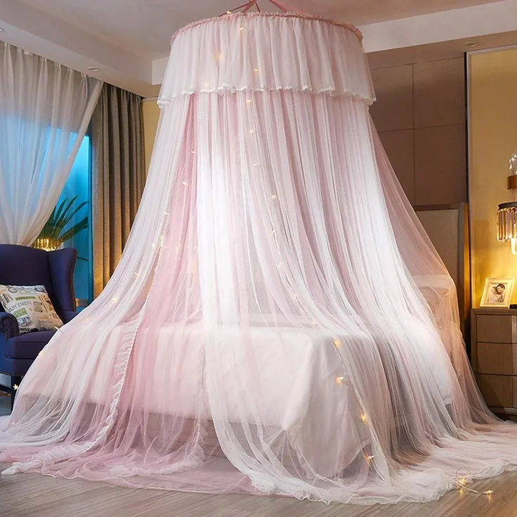 VARWANEO Prinzessinnen-Betthimmel für Mädchen, Betthimmel, Vorhang, doppellagig, durchscheinendes Netz, kuppelförmig, Moskitonetz für Doppelbett, Queen-Size-Bett, Rosa/Weiß