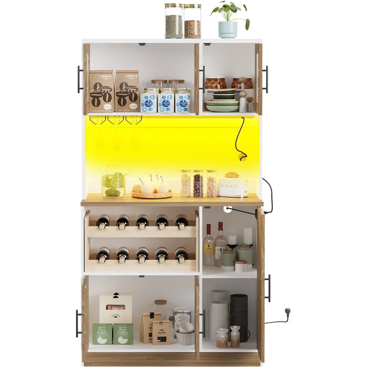 ZUBALIYA Buffetschrank 100 x 40 x 180 cm – Riffelglasfronten, RGB-LED mit Fernbedienung, 2 Steckdosen und USB, Weinregal für 10 Flaschen, MDF, Weiß, Sonoma-Eiche-Optik – Bild 9