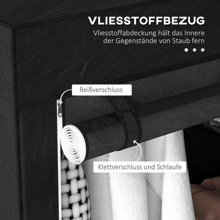 MODFU Stoffschrank Stoffkleiderschrank Schwarz, 103x43x162,5 cm, 6 Fächer, Vliesoptik (Packung, 1-St, Faltbare Faltgarderobe für Kleidung & Accessoires) Platzsparender Garderobenschrank für Schlafzimmer, WG & Camping – Bild 3