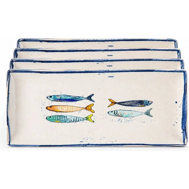 WestCraft Speiseteller Teller, mediterran mit Sardinen-Motiv, Maritime Servierplatte 30×15cm, (4 St), 4er Set, hochwertig und robust - langlebig und vielseitig einsetzbar – Bild 1