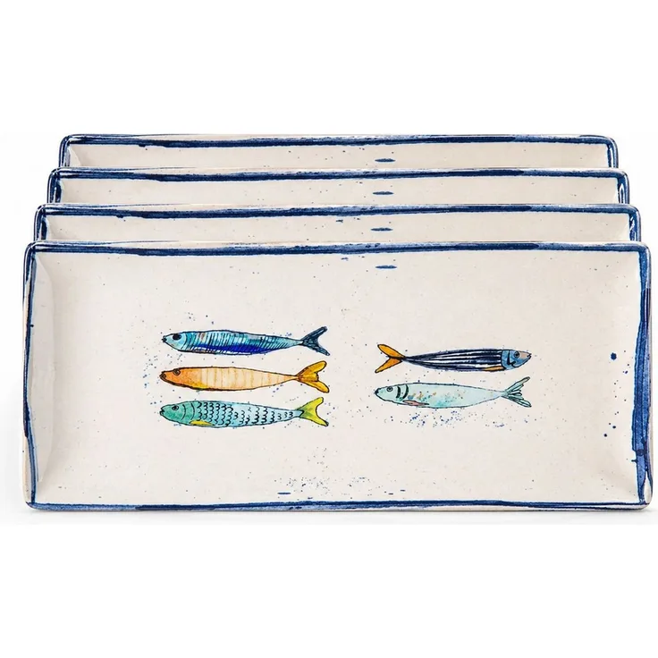 WestCraft Speiseteller Teller, mediterran mit Sardinen-Motiv, Maritime Servierplatte 30×15cm, (4 St), 4er Set, hochwertig und robust - langlebig und vielseitig einsetzbar