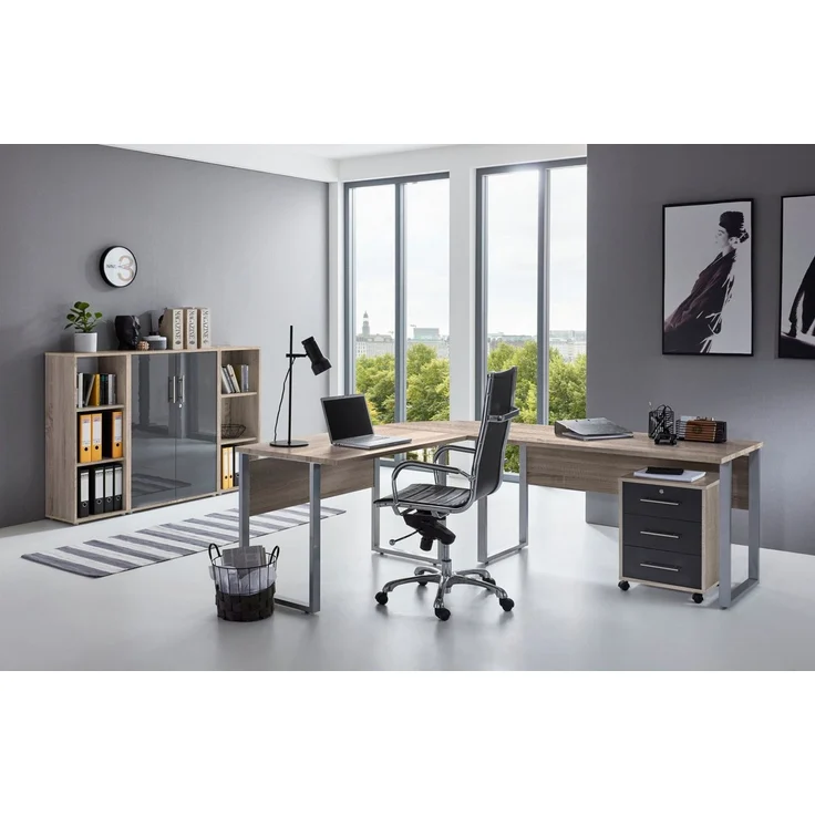 BMG Möbel Büromöbel-Set Office Edition Set 2, (Büro Set, 5 tlg, Fronten Matt oder Hochglanz lackiert), Aktenschrank und Rollcontainer abschließbar, Winkelschreibtisch – Bild 2
