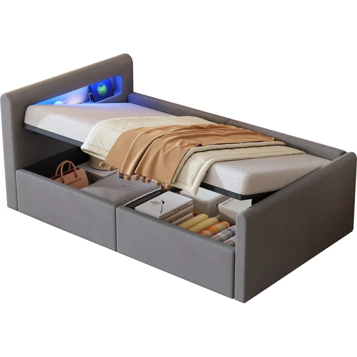 Polsterbett Kinderbett 90x200 cm mit LED, USB, Nachtlicht, hydraulischem Stauraum, Samt, Matratze nicht enthalten – Bild 7
