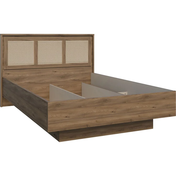 Forte GLENKEEN Bett, Liegefläche 140 x 200 cm, Bettgestell im Bohostil mit Rattangeflecht, Stauraum, Valencia Eiche Holzdekor | Naturrattan, 149,9 cm breit x 105,5 cm hoch x 204,9 cm tief – Bild 3