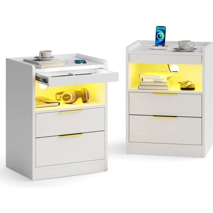 Mondeer Nachttisch (2 St) LED Nachtkommode (Beistelltisch mit Steckdosen), mit LED-Beleuchtung & 2 USB Ladestation, 3 Schubladen – Bild 1