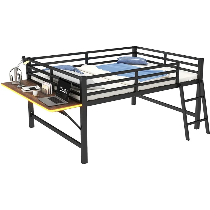 Merax 140 x 200 cm Kinderbett, Metallbett, Ohne Matratze, Geländer, Leiter, Schreibtisch, LED-Lichtband, Schwarz – Bild 10