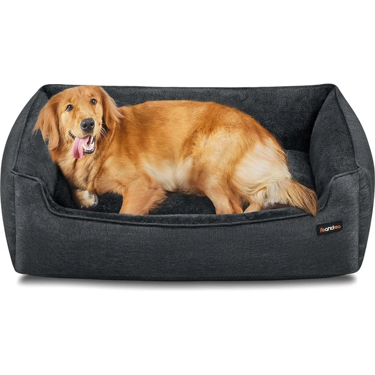 Feandrea Hundebett, Hundekissen in Leinenoptik, Hundekorb, erhöhte Ränder, rutschfeste Unterseite, Bezug abnehmbar waschbar, XL, für große Hunde, 110 x 75 x 27 cm, dunkelgrau PGW012G01 – Bild 1