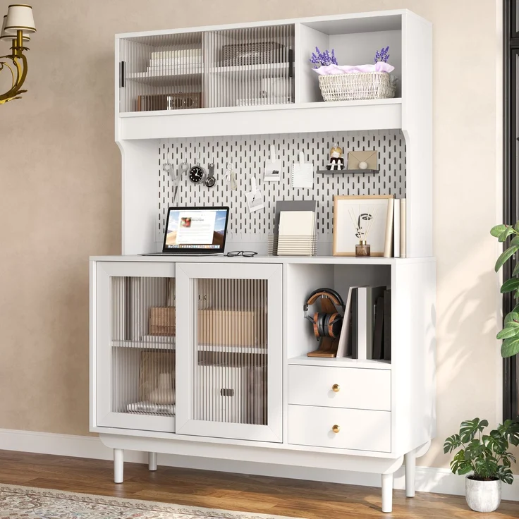 ZUBALIYA Buffetschrank 117x30x170 cm, aus MDF / Spanplatte, Weiß – Bild 5