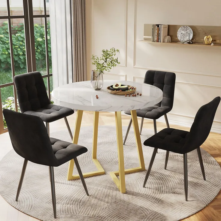 Esszimmer-Set 5-tlg Runder Tisch 80 cm Durchmesser Marmor Spanplatte Mit 4 Samt Stühlen Metallgestell Verstellbare gold Beine