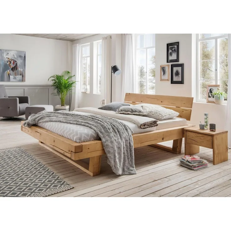 OTTO home Schlafzimmer-Set Ultima, 3-tlg, Bettgestell & 2 Nachttische aus massivem Fichtenholz, (Set, 3-tlg, Liegefläche 180x200cm, Belastbarkeit je Seite bis zu 200kg), Scandi Rustikale Balken-Optik, FSC®-zertifiziert, Pro Seite bis 200 kg