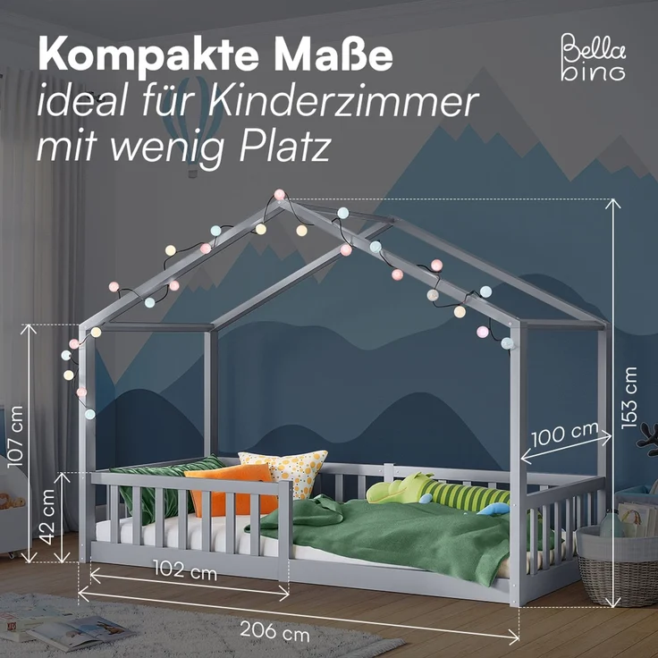 Bellabino 'Bia' Hausbett 90x200 cm, grau, Kiefer Massivholz, Bodenbett in Hausoptik, Montessori Kinderbett mit Rausfallschutz und Lattenrost – Bild 9