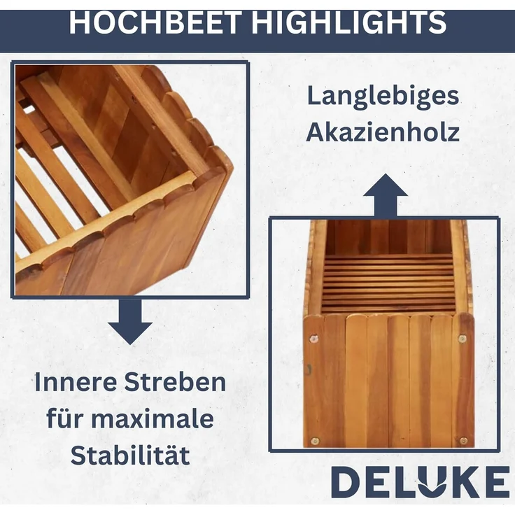 DELUKE® Hochbeet aus Holz JONA 50x50x25cm, Akazienholz Hochbeet für Garten Hochbeet Holz Gartenbeet hoch Kräuterbeet xxl Blumenbeet Gemüsebeet groß Garten – Bild 4