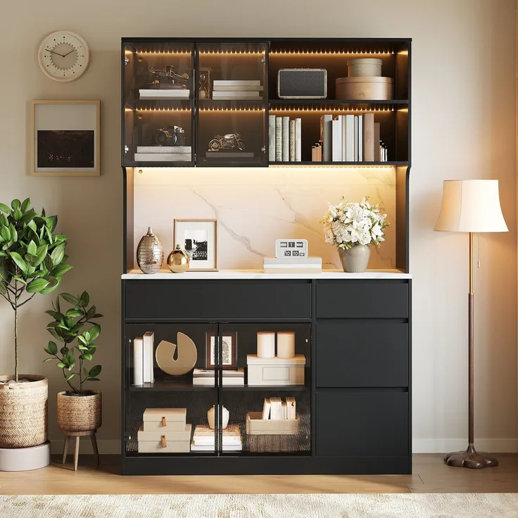ZUBALIYA Vitrine, mit Schubladen, mit Stauraum, mit LED-Beleuchtung, H 180 × T 40 × B 120 cm, Schwarz / Weiß, MDF