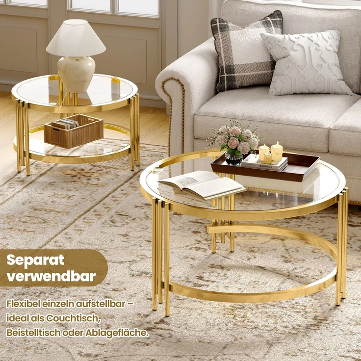 Couchtisch 80x80x45 cm – Quadratischer Glastisch mit goldfarbenem Metallgestell – Bild 5