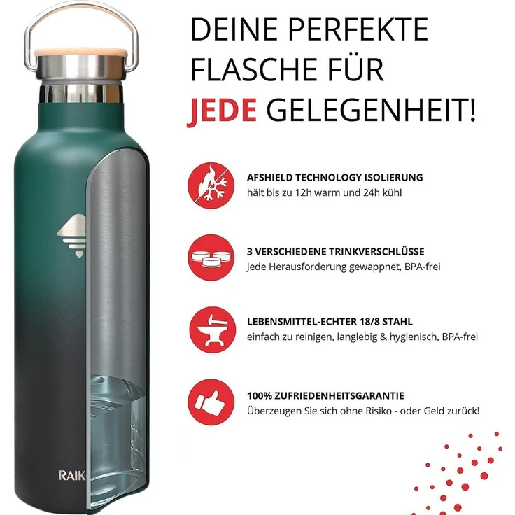 RAIKOU Isolierflasche Edelstahl Trinkflasche Vakuumisolierte Wasserflasche Thermoflasche, bis zu 12H heiß / 24H kalt,mit 2 Deckel,350ml/500ml/750ml/1000ml – Bild 4