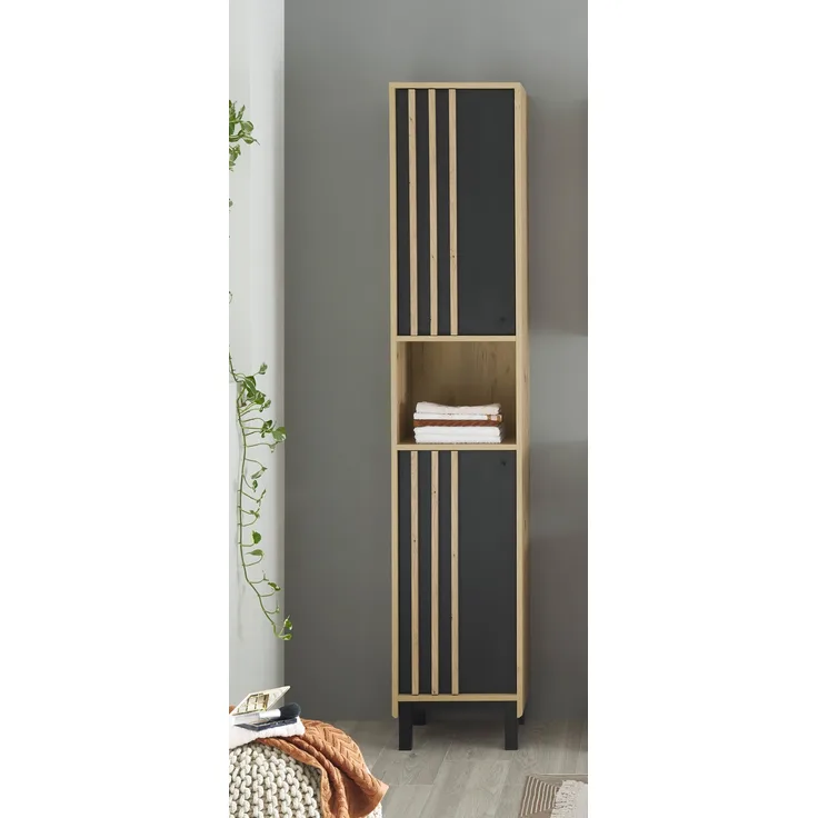 Hochschrank >Vassili< in Schwarz-Eiche Artisan Nachbildung - 38x195x32 (BxHxT)