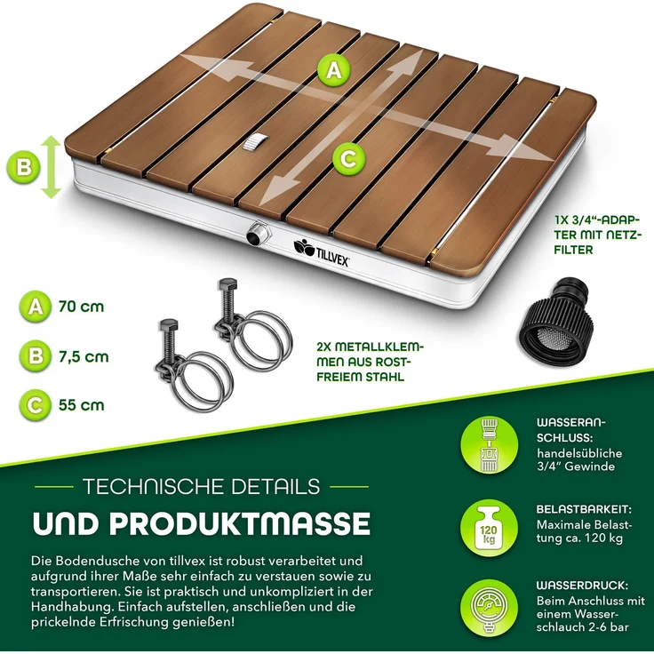 tillvex® Gartendusche eckig outdoor bis 4 m Fontänenhöhe | Bodendusche mit Fußrad | Außendusche rutschfest | Saunadusche wetterfest | Campingdusche aus Aluminium/WPC/Holzoptik – Bild 4