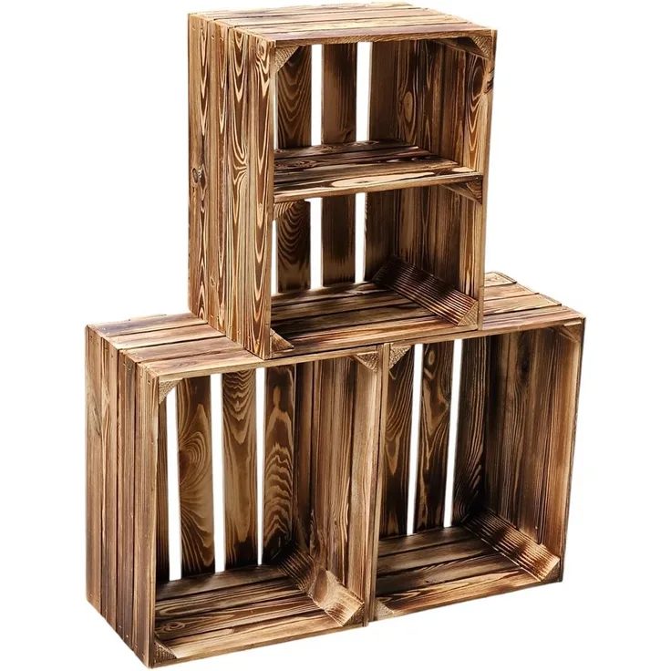 Holzkisten Geflammt 3er Set 50 x 40 x 30cm Ablage Kurz