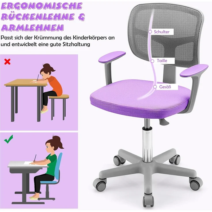 FANTASK 80-91,5 cm Kinder Schreibtischstuhl, Einstellbare Jungendstuhl mit Rückenlehne & Armlehnen, Drehbarer Kinderschreibtischstuhl, Violett – Bild 2