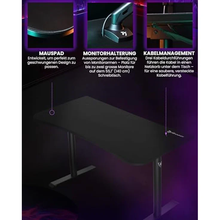 Arozzi Arena Medium Gaming-Tisch, Pure Black, 140 x 75,5 cm Schwarz – Bild 6