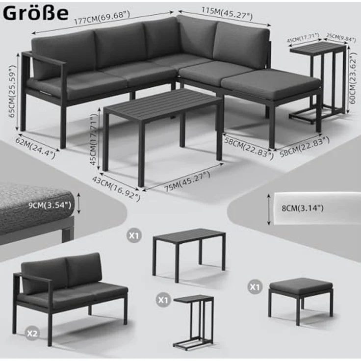 Melko Sitzgruppe Ecklounge Aluminium Beistelltisch Hocker Sitzgruppe wetterfest Grau, (UV-Beständigkeit, 5-tlg, Möbelset Anthrazit), Inkl. praktischen Beistelltisch, Hocker und wasserabweisenden Kissen – Bild 7