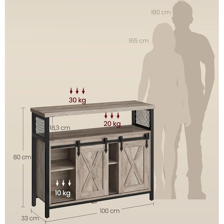 Vasagle Sideboard mit 2 Schiebetüren und verstellbaren Ablagen, Spanplatte, 33 x 100 x 80 cm, Greige / Schwarz – Bild 3