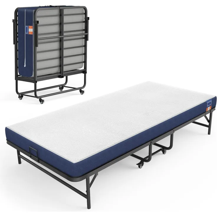 VASAGLE Klappbett Gästebett mit 13 cm Matratze und Rollen bis 250 kg 90x200 cm Blau