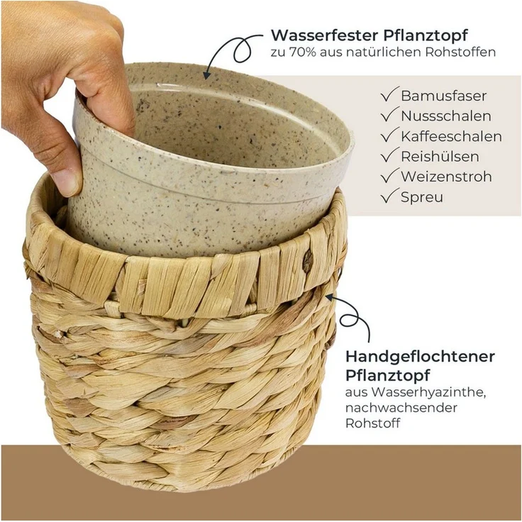 HMF Wasserhyazinthentopf Innovativer Blumentopf geflochten aus Wasserhyazinthe (1 St), mit Pflanztopf aus nachhaltigen Rohstoffen, Rund, ø14 cm – Bild 2