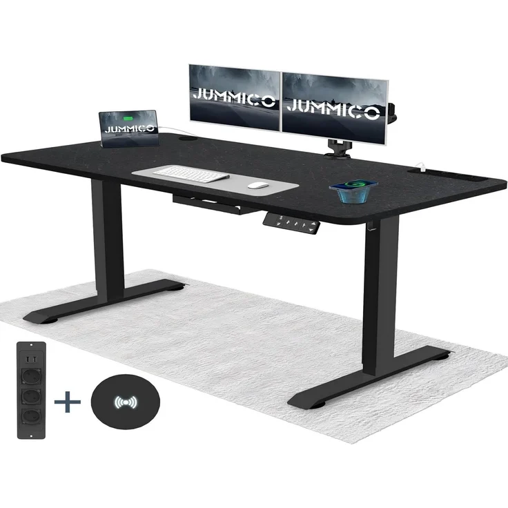 JUMMICO Höhenverstellbarer Schreibtisch mit Kabelloser Ladestation und Euro-Steckdose mit USB, Schreibtisch Höhenverstellbar Elektrisch Stehtisch, Standing Desk (Schwarze Felsplatte 180x80 cm) – Bild 1