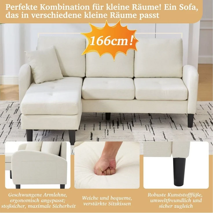Merax Ecksofa L-förmiges Sofa mit Bettfunktion, Modulares Sofa aus Cordstoff, 1 Teile, 3-Sitzer Sofa mit Chaiselongue, Kissen & Kunststoffbeine, 166 x 118 x 77 cm – Bild 3