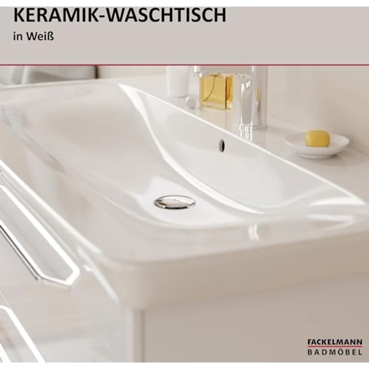 FACKELMANN MILANO Waschtisch Set mit Spiegelschrank 88 cm breit, Braun hell, Waschbecken Keramik Weiß – Bild 6