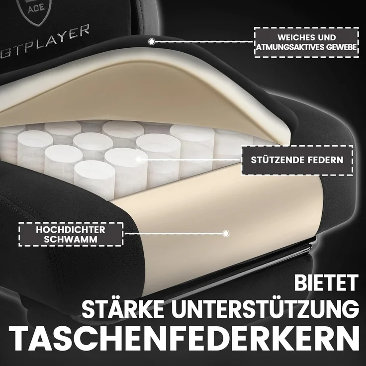 GTPLAYER Gaming Stuhl Ergonomischer Gaming Sessel Schreibtischstuhl mit Stoffoberfläche, Federsitzkissen, Verbindungsarmlehnen und Fußstütze, Schwarz – Bild 2