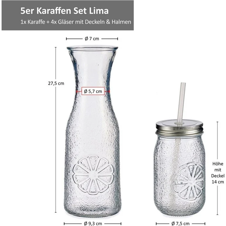 MamboCat Karaffe 5tlg Set Vivalto Lima Karaffe + 4x Glas mit Deckel und Strohhalm – Bild 4