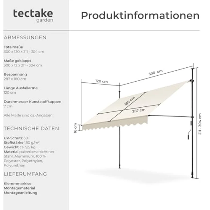 tectake® Klemmmarkise mit Handkurbel, Balkon Markise ohne Bohren, Markise höhenverstellbar, UV-beständig, wasserabweisend, Terrassenüberdachung, Sonnenschutz Terrasse & Balkon, Breite 300 cm - beige – Bild 7