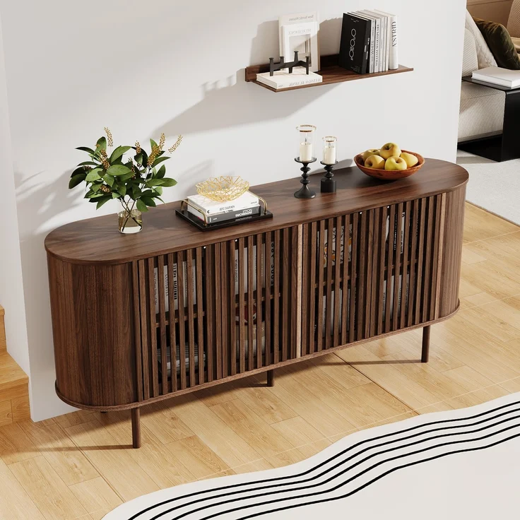 Merax 160x40x70cm Sideboard aus MDF mit 4 perforierten Schiebetüren, Kommode mit verstellbaren Einlegeböden und stabilen Metallbeinen, Wohnzimmer Buffet-Schrank, Walnussholzfarbe – Bild 3