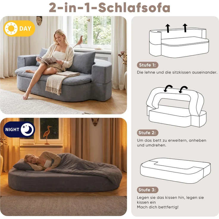 Klappsofa aus Flanellstoff, 3-in-1-Funktion, 200x130x60 cm, Hellgrau – Bild 8