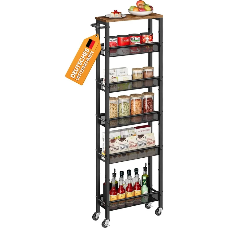 VASAGLE Rollwagen 6 Ebenen, Küchenwagen schmal, Nischenregal auf Rollen, Stahl, Griff, für kleine Räume, 15 x 45,4 x 131,4 cm, Küche, Bad, Wohnzimmer, Arbeitszimmer, vintagebraun-schwarz LRC038K101