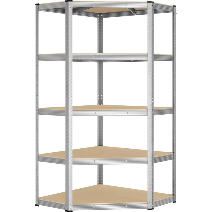 Songmics Eckregal 5 Ebenen, Schwerlastregal, Metall, Lagerregal für Garage, Abstellraum, Kellerregal, bis 875 kg belastbar, silbern-naturbeige GLR080E01