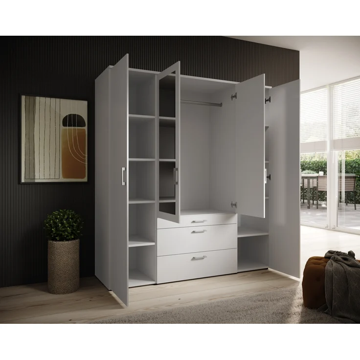 Drehtürenschrank >Vesala< 4 Türen, 3 Schübe, Weiß / Spiegel - 180x195x56cm (BxHxT) – Bild 6