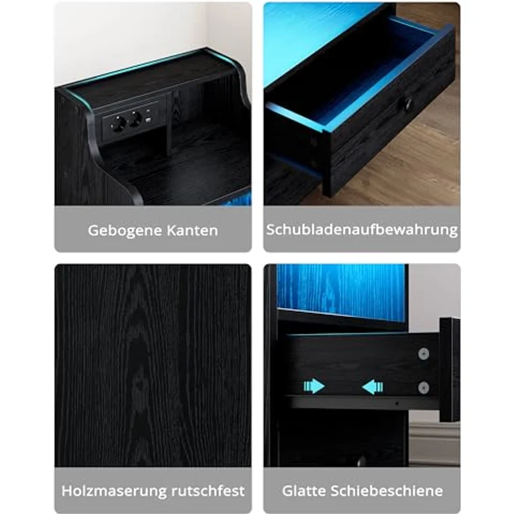 IRONCK LED Nachttisch mit Steckdose, Beistelltisch Holz mit Ladefunktion, Nachtschrank mit 2 AC, 1 USB& 1 Type-C Anschlüsse, Sofatisch mit 2 Schubladen für Wohnzimmer,Schlafzimmer, 45 x 30 x 70 cm Schwarz – Bild 8