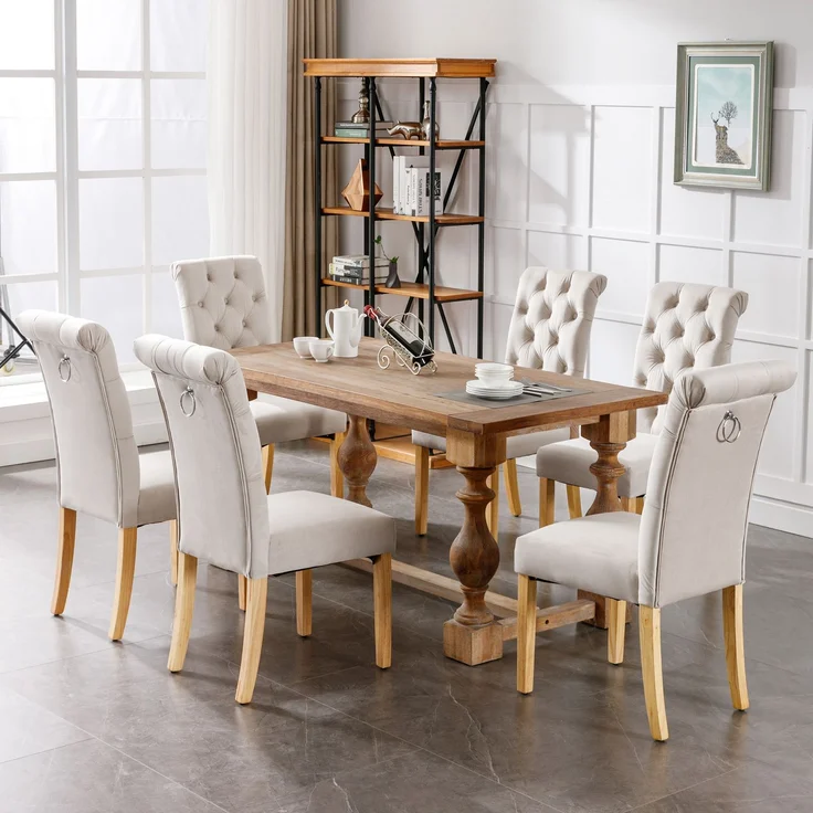 Esszimmerstuhl 4er-Set, Samt mit Eichenbeinen & Knopfheftung, 100 x 63 x 43, Beige – Bild 3