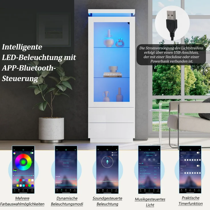 DESVIAE Vitrine mit 2 Schubladen und LED-Beleuchtung 60x171x40 cm Spanplatte Weiß – Bild 6