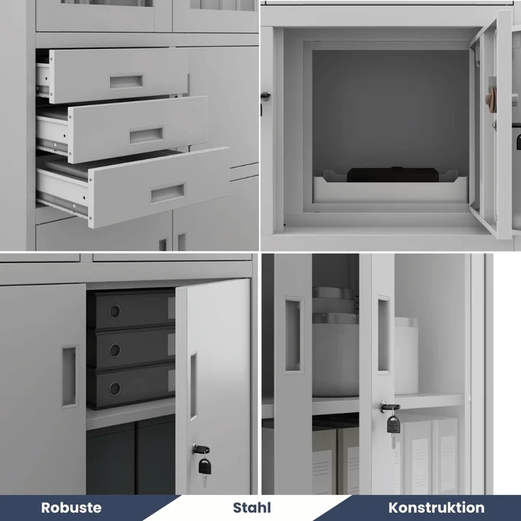 Vitrinenschrank abschließbar GEDO - mit Tresor & Schubladen| Büroschrank aus Stahl Aktenschrank mit Glasfenster Metallschrank Mehrzweckschrank, 185x90x40cm Grau – Bild 4